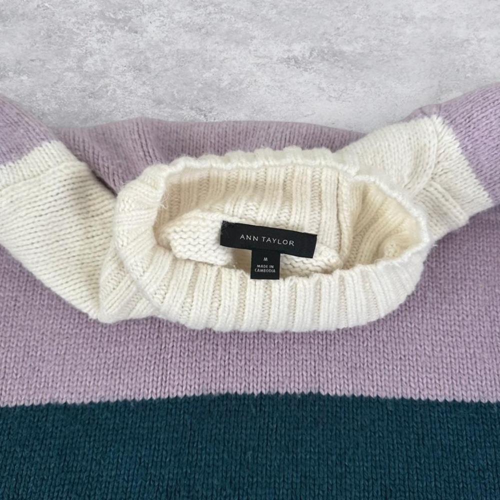 Ann Taylor Womens Colorblock Mock Neck Sweater Purple Teal Black Stripe Size M - Picture 3 of 7